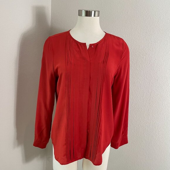 Joie Womens Small Orange 100% Silk Pleated Long Sleeve Blouse Button Up Shirt - Picture 1 of 10